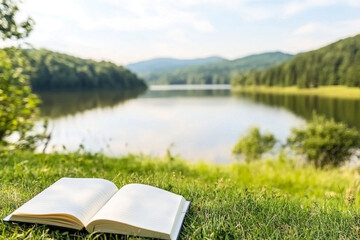Reflections at the lakeside with open journal and peaceful nature setting in the afternoon light