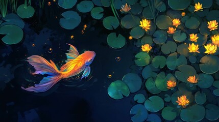 Orange fish swims in dark pond; water lilies bloom.