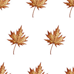 Seamless pattern with autumn maple leaves. Handmade watercolor illustration. Color image. Great for packaging, decor, textiles and wallpaper, for printing and wrapping paper.