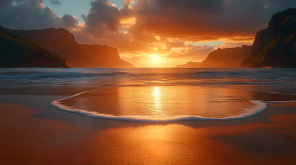 Dramatic sunset over a tranquil beach with waves gently lapping the shore. Golden hues paint the sky and water, reflecting the sun's brilliance