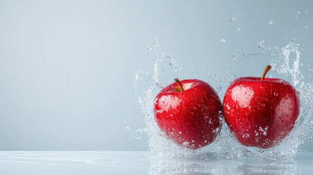 A captivating splash of water surrounds vibrant red apples, conveying dynamism and freshness, ideal for marketing in health, food, or lifestyle categories.
