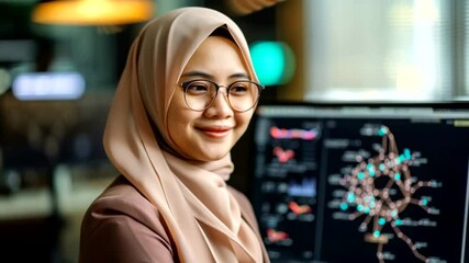 Focused woman in hijab working at a computer