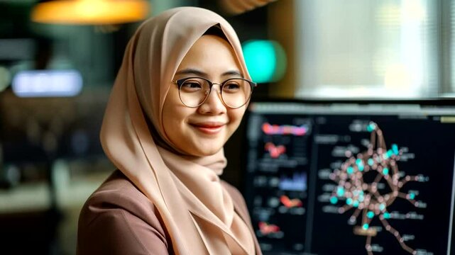 Focused woman in hijab working at a computer
