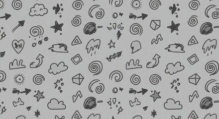 Gray Monochrome Doodle Pattern of Icons and Shapes
