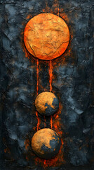 Three orange planets vertically aligned, against a dark backdrop with textured brushstrokes