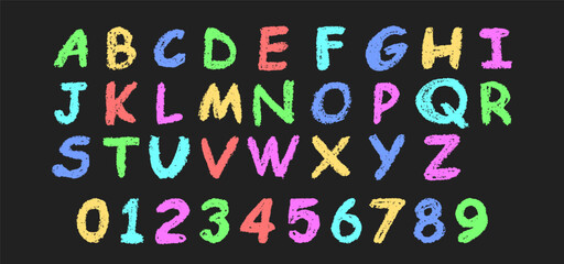 Colorful vector illustration of the English alphabet and numbers 0-9, hand-drawn in a crayon, chalk, pastel, or wax style. Highlighter effect on a board, perfect for kindergarten drawing and learning.