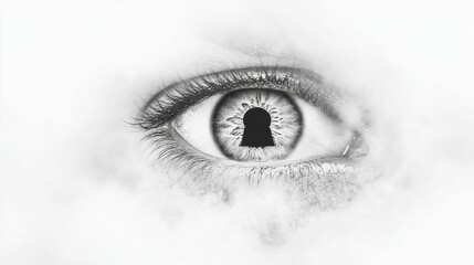 Eye, keyhole pupil, hazy, grayscale, enigmatic.