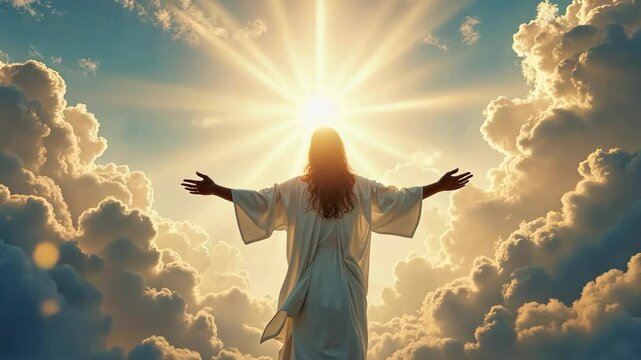 Woman in a white robe is reaching up towards the sun. Concept of hope and faith, as the woman's outstretched arms symbolize reaching for the divine