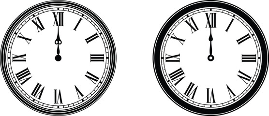 Silhouette Set of Vintage Wall Clock with Roman Numerals – Elegant Round Vector Design at 12:00