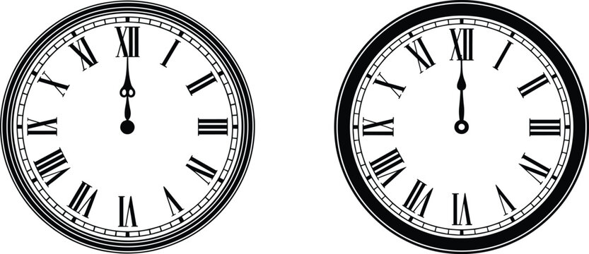 Silhouette Set of Vintage Wall Clock with Roman Numerals – Elegant Round Vector Design at 12:00