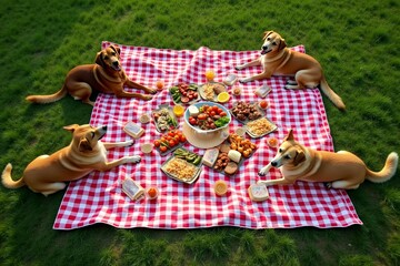 Bird's Eye View: Picnic Blanket Surrounded by Dogs and Colorful Spread of Food and Drinks on Lush Green Grass