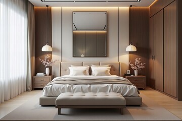 Fototapeta premium Ideas for a Beautiful Bedroom with Spacious Bed and Full-length Mirror