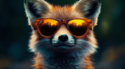 Fototapeta premium Confident fox wearing orange sunglasses with a city reflection, ideal for trendy advertising, animal-themed designs, or social content. 