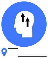 Profile of a human head with black arrows pointing upwards inside, placed within a blue circle and map pin icon. Ideal for growth, learning, focus, navigation, mindset, strategy progress. Flat