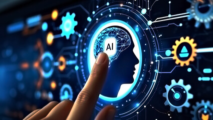 A close-up of a human hand reaching towards a glowing futuristic interface displaying an AI symbol inside a digital human hand