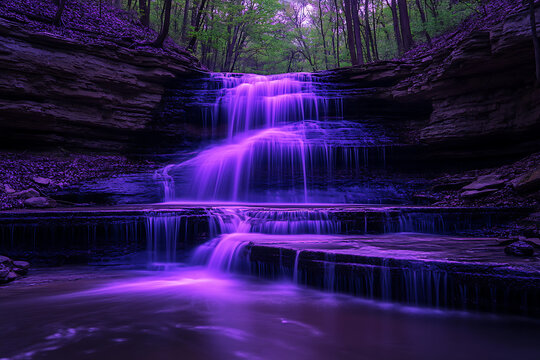 A vibrant purple waterfall cascading down rocky ledges in a lush green forest setting in nature