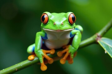 Obraz premium Green tree frog, perched on white, vibrant skin, wildlife photography, single