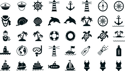 Maritime and nautical icon set. Vector glyph pictograms of ship, anchor, compass, lighthouse, dolphin, sailing, marine life, ocean travel black silhouette 