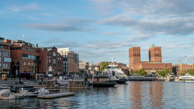 UHD Timelapse of Aker Brygge Oslo with Busy Embankment Activity