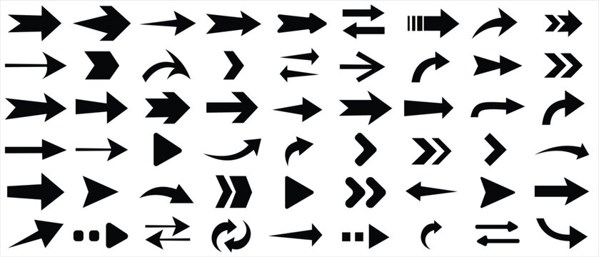  Different arrow icon set vector design. Set of arrow icons. Arrows icon. Arrows for web design. Different shape and size pointer set. Cursor outline. 