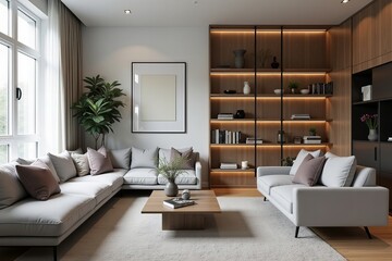 Modern and Stylish Living Room with Grey Sofas, Natural Light, and Sleek Shelving Unit