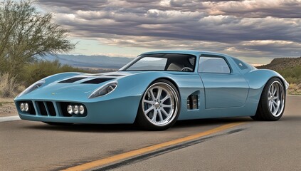 Fototapeta premium Desert road, blue classic sports car, cloudy sky, automotive design