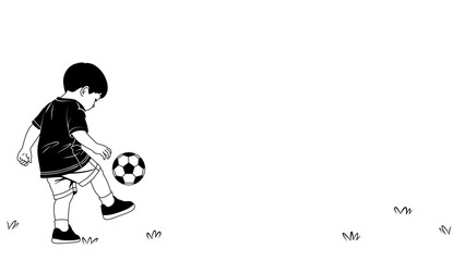 Silhouette of a little boy playing with a soccer ball. Black and white vector, in minimalism. The child is kicking the ball with focus and concentration. For background, banners, presentations.