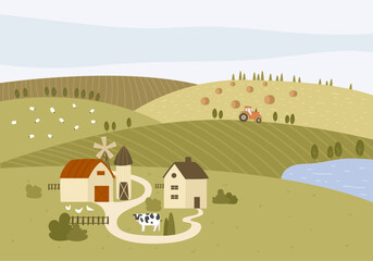Vector illustration showing a farm in the countryside with a tractor tilling a field. Haystacks dot the ground, with a charming country mill and grazing cows and lambs in the background.