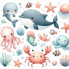 Cute Watercolor Sea Animals Collection - Ocean Creatures Illustration for Kids
