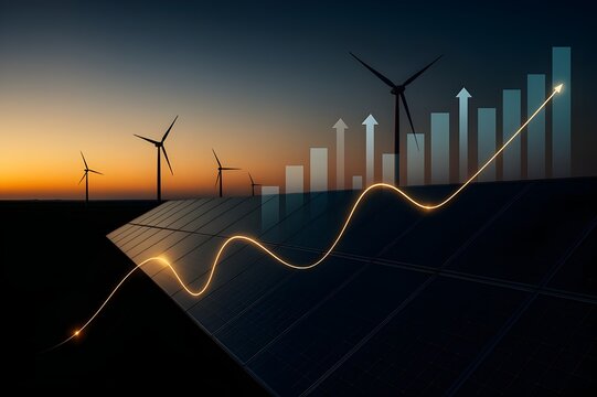Renewable Energy Growth Concept – Solar Panels, Wind Turbines and Financial Chart at Sunset"