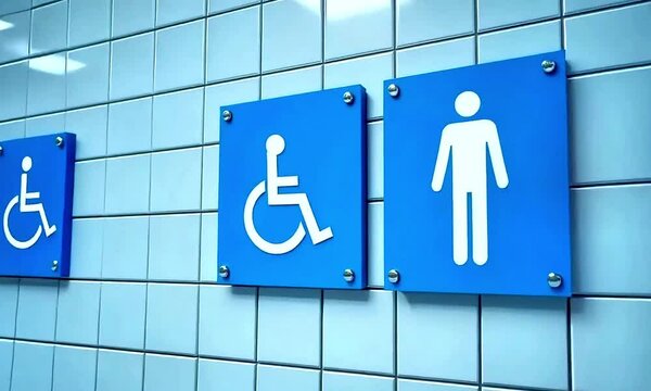 A row of blue restroom signs with male and handicap symbols on wall