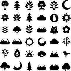 Obraz premium Black silhouette vector icon set of outdoor camping nature trees mountains and moon.