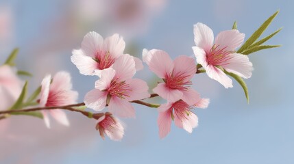 Obraz premium blossom branch with pink flowers on white background copy space.