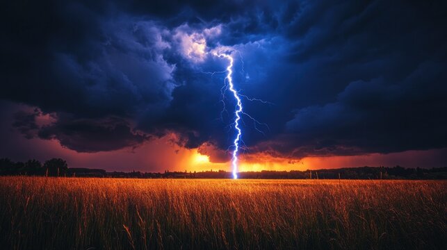 Dramatic lightning strike over a field