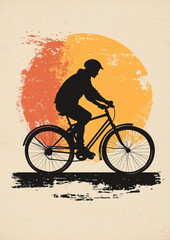 Vintage cycling art print poster design silhouette of cyclist on bicycle with, sunset background.