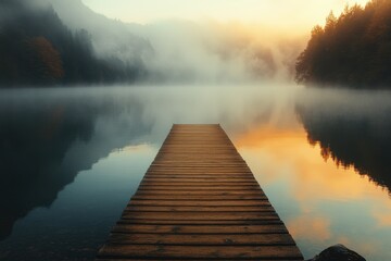 Serene Lake Dock at Sunrise with Misty Reflections
