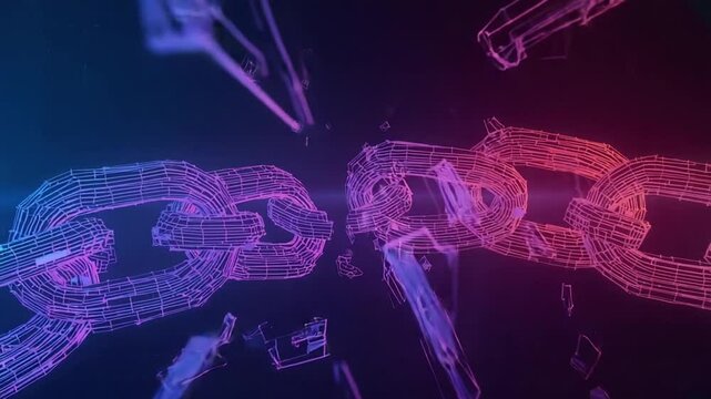 Futuristic wireframe model of a broken chain with random numbers, abstract tech background, concept of blockchain hacking or cryptocurrency drop in value cinematic lighting 4k video