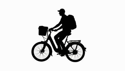 Obraz premium Silhouette of delivery person riding bike against white background, movement
