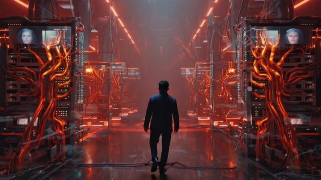 A sharply dressed man sleek suit walks confidently glowing, infinite server room glass pillars, quantum particles air, servers alien symbols, sparks light trails steps, cinematic, real engine, sci-fi