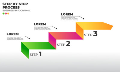 A clean and colorful 3-step infographic template in a minimal flat design style. The layout flows diagonally upward like stair steps, ideal for business workflow, process diagrams, educational guides,