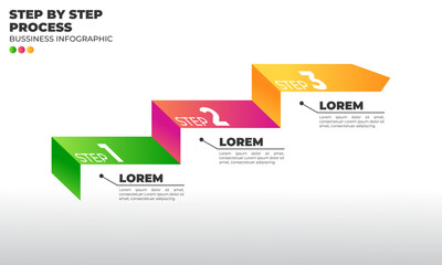A clean and colorful 3-step infographic template in a minimal flat design style. The layout flows diagonally upward like stair steps, ideal for business workflow, process diagrams, educational guides,