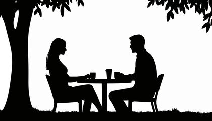 Silhouette couple conversing at outdoor caf&eacute;, connection and intimacy