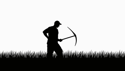 Farmer silhouetted in wheat field, harvesting with a sickle