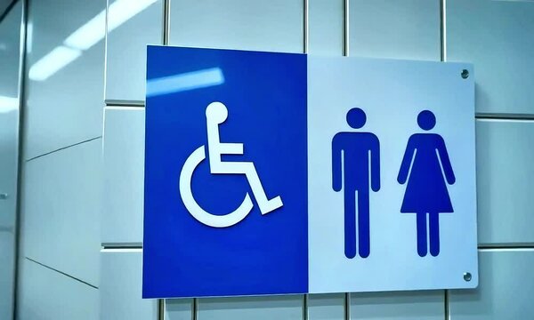 Restroom sign with handicap, male, and female symbols on tiled wall
