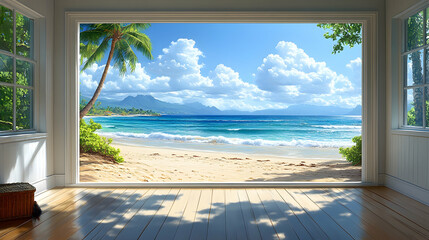 Tropical beach scene through a large window, featuring a sandy beach, turquoise ocean, palm trees, and mountains in the background. Sunlight streams in, casting shadows on the floor