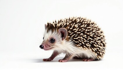 Naklejka premium Tiny hedgehog on pure white background, curled in ball , mammal, tiny, pet