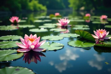 Water lilies and other blooms create a floral pattern across a lake, element, light