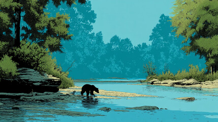 Illustration of bear crossing river in forest landscape wildlife, nature artwork outdoors.