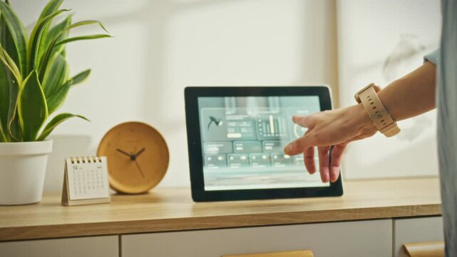 A person interacts with a touchscreen device showing smart home functionalities in a bright, minimalist room. A plant, clock, and calendar add warmth to the setting