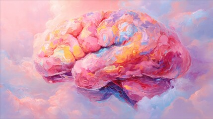 Colorful brain floating among pastel clouds. The brain is rendered in vibrant, swirling colors, suggesting creativity and imagination